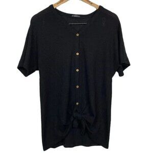 MIHOLL WOMEN'S BLACK BUTTON DOWN TIE FRONT SHORT SLEEVE WAFFLE SHIRT MEDIUM-EUC